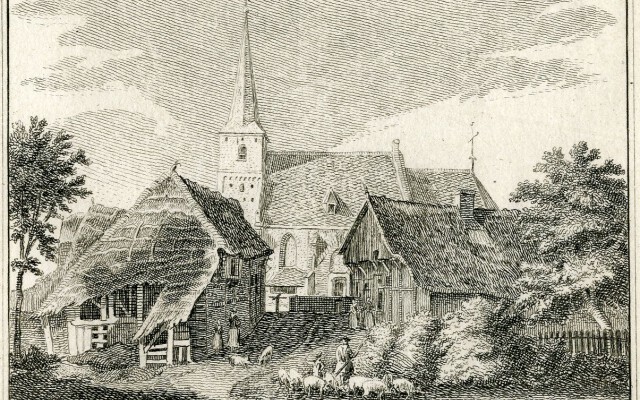 Foto van het dorp Etten met de gereformeerde kerk. Een gravure van Hendrik Spilman naar een tekening van Jan de Beijer 1743 Foto van het dorp Etten met de gereformeerde kerk. Een gravure van Hendrik Spilman naar een tekening van Jan de Beijer 1743